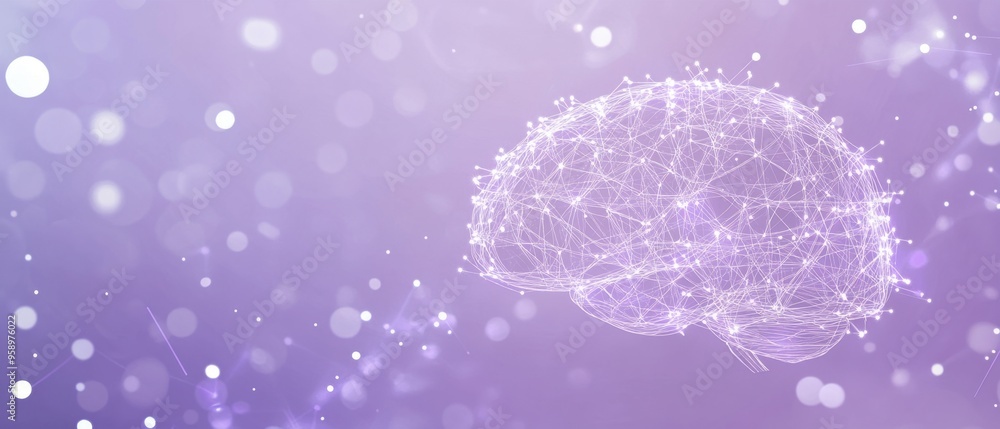 Poster a purple background with an abstract brain-shaped neural network made of white lines and dots, repre