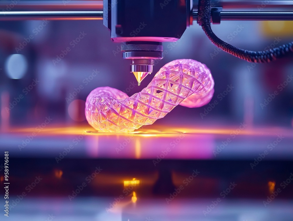 Poster a 3d printer creates a pink plastic object in a close-up view. the intricate details of the object a
