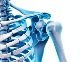 A 3D illustration of a human skeleton, focusing on the shoulder joint and surrounding bones.  The image highlights the complex structure of the joint.