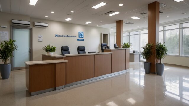Modern office reception area with empty chairs and potted plants