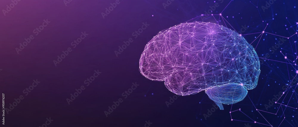 Poster a purple background with blue and white lines forming an abstract brain silhouette, connected by dot