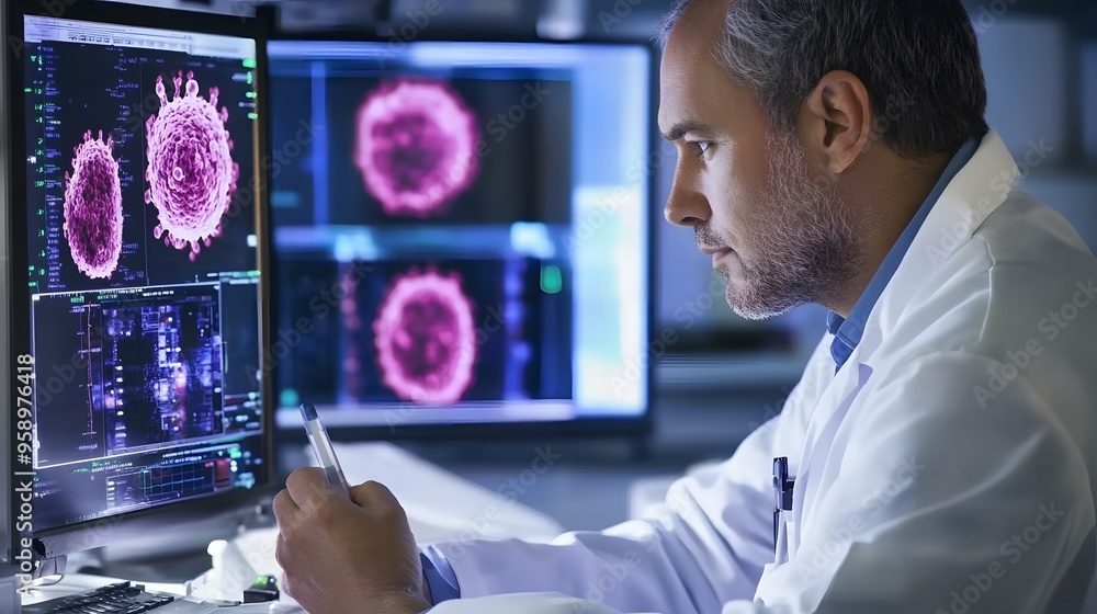 Aufkleber a scientist studies a close-up image of a virus on a computer screen.