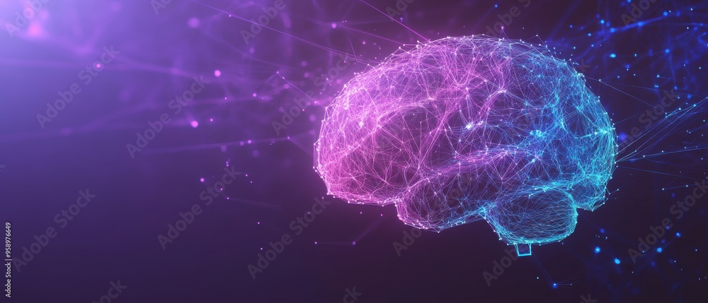 Poster artificial intelligence brain, lines and dots connection on a purple and blue background generative 