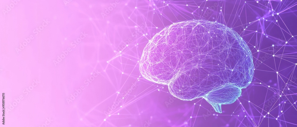 Poster abstract digital brain with connections on a purple background white dots connected to a blue circle
