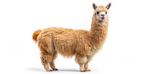 Fototapeta premium A Fluffy Alpaca Standing on a White Background, Full Body Portrait, Isolated Animal, White Background, Alpaca, Alpaca Portrait, Photography