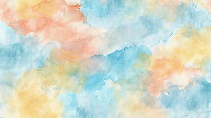 Create a seamless background pattern using watercolor textures in pastel shades of sky blue, soft yellow, and pale coral. The strokes should appear fluid and effortlessly blended.