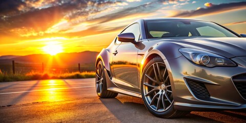 A Gleaming Car at Sunset, Capturing the Moment, Side View, Sunset Sky, Road, Car, Luxury