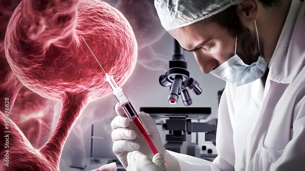 Poster a scientist in a lab coat injects a cell with a syringe.