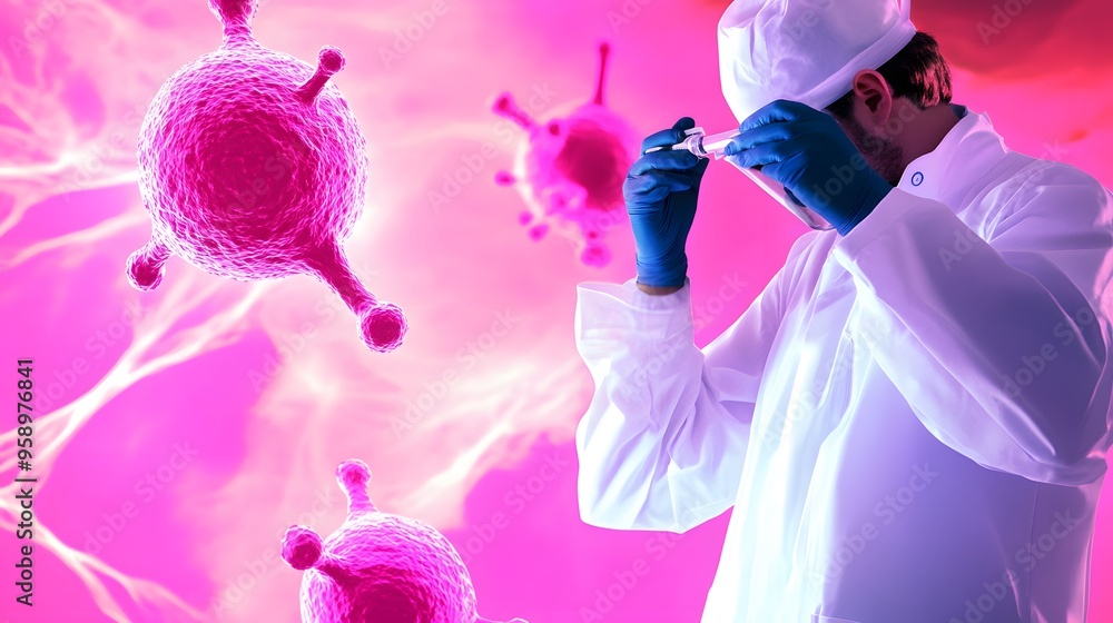 Poster a scientist in a lab coat examines a sample of a virus under a microscope.