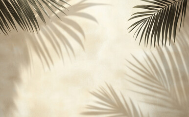 Obraz premium Wall with shadows of palm leaves on a beige background, minimalistic