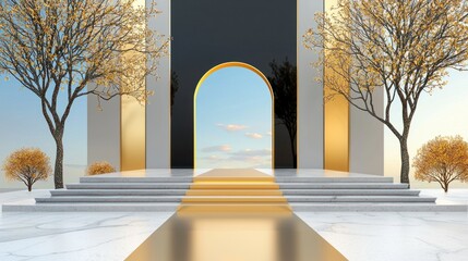 Luxurious Metallic Black and Gold Pastel 3D Stage Design for Glamorous Award Ceremonies and Elegant Performances