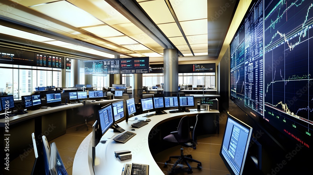 Poster a modern stock trading room with rows of computer monitors displaying financial data.