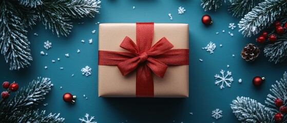 Top-down perspective of a Christmas gift box on an elegant snowflake design, with ample copy space.