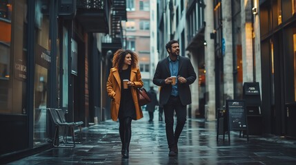A couple enjoys a rainy day stroll in a vibrant urban alley, sipping coffee in the afternoon