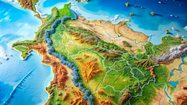 Vibrant digital map of Colombia, highlighting its borders, cities, and geographical features, showcasing the Andean