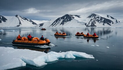 Several pontoon boats navigating the Arctic Ocean towards a snow-covered mountain range in Svalbard, Norway.