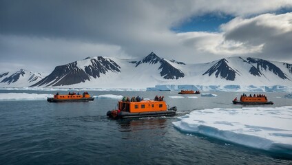 Several pontoon boats navigating the Arctic Ocean towards a snow-covered mountain range in Svalbard, Norway.