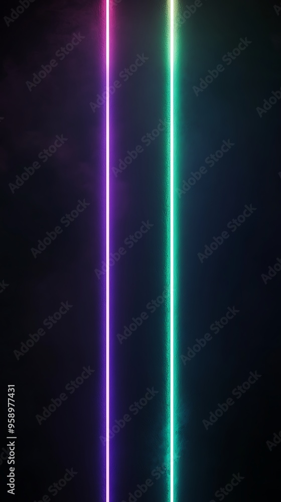 Poster vibrant neon vertical lines with pulsating glow effect on dark background