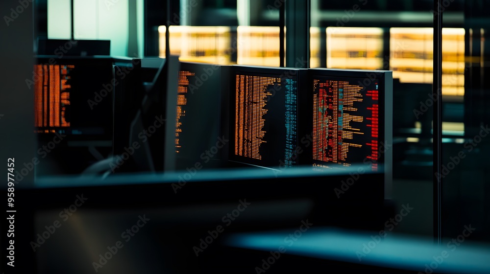 Poster close-up of computer screens displaying financial data in a dimly lit trading room.