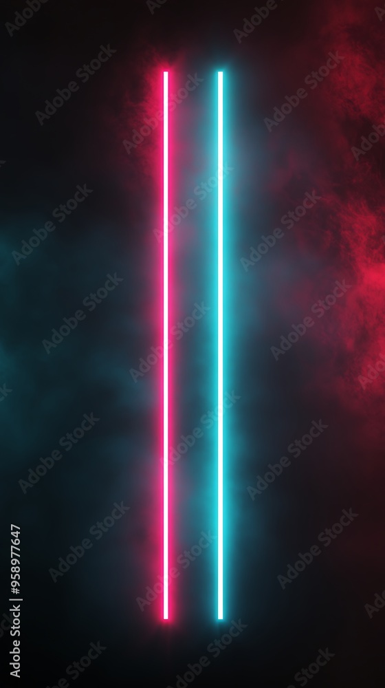 Aufkleber illuminated neon vertical lines with red and teal glow effect on dark background creating striking c