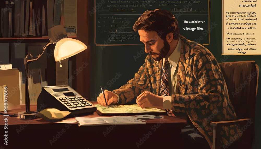 Poster a man in a patterned jacket works on a ledger in a dimly lit office