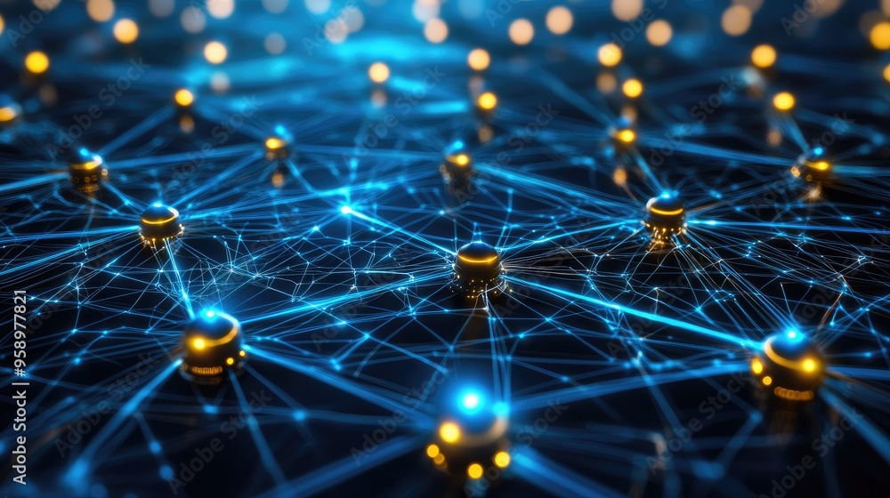 Poster a digital network representation with glowing nodes and connections.