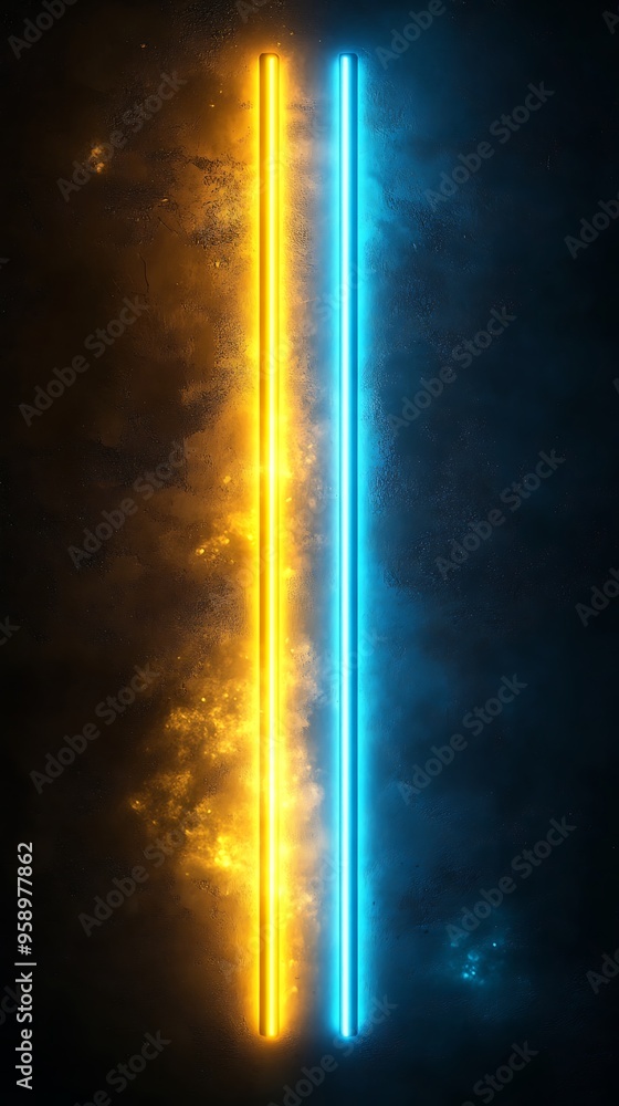 Poster radiant neon vertical lines with gold and blue glow effect on dark background creating shimmering co