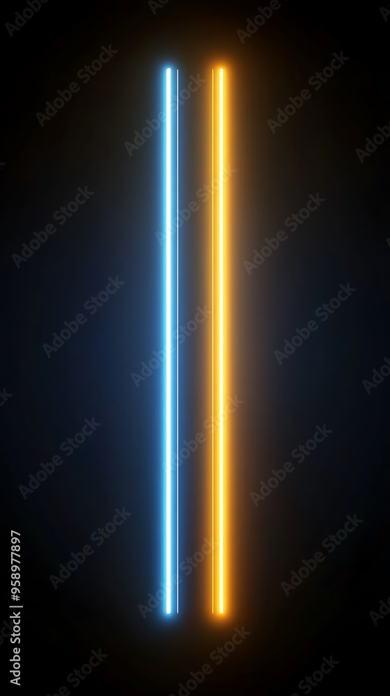 Poster vivid neon vertical lines with gold and blue lights on dark background creating shimmering contrast 
