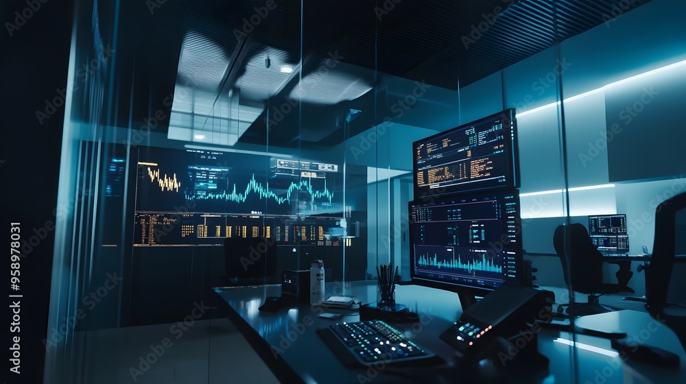 Poster a modern stock trading room with a sleek, dark design and multiple monitors displaying financial dat