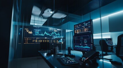 A modern stock trading room with a sleek, dark design and multiple monitors displaying financial data.