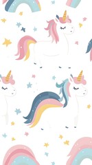 Whimsical Pastel Unicorn and Rainbow Pattern in Kawaii Style on White Background - Simple and Charming Design