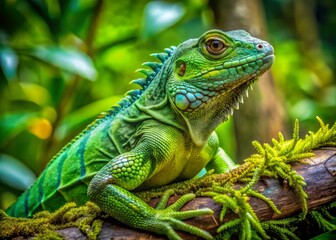 Fototapeta premium Vibrant green reptile with remarkable adaptability sits on branch, its scaly skin blending seamlessly with