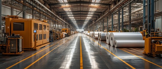 Obraz premium Industrial Factory Floor: Rows of gleaming aluminum rolls line the polished floor of a vast, modern industrial factory, bathed in the warm glow of overhead lights.