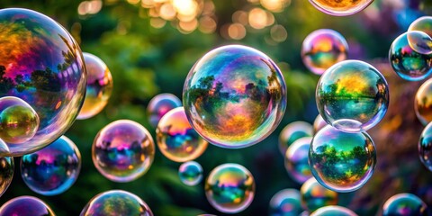 A Symphony of Bubbles Reflecting a Dreamy Landscape, Bubble Photography, Nature Photography, Abstract Art