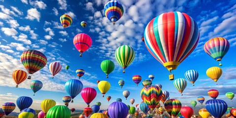 Obraz premium A Symphony of Color Hot Air Balloons Soaring Through a Sky Filled with Clouds, Hot Air Balloon, Balloon Festival, Colorful Sky