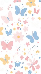Sweet Pastel Flowers and Butterflies Pattern in Kawaii Style on White Background - Simple and Endearing Design