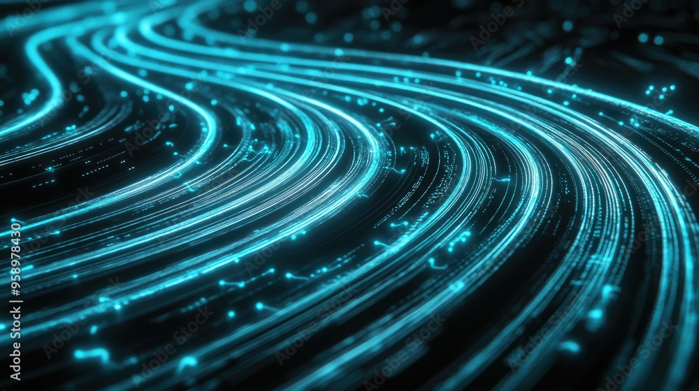 Aufkleber a dynamic visualization of flowing lines and glowing particles, representing digital movement.