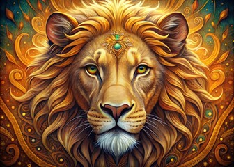 Fototapeta premium Vibrant illustration of a regal lion's face with intricate details, bold lines, and expressive eyes, set against a
