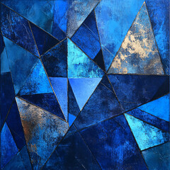  A dynamic pattern of overlapping blue triangles with metallic textures. 