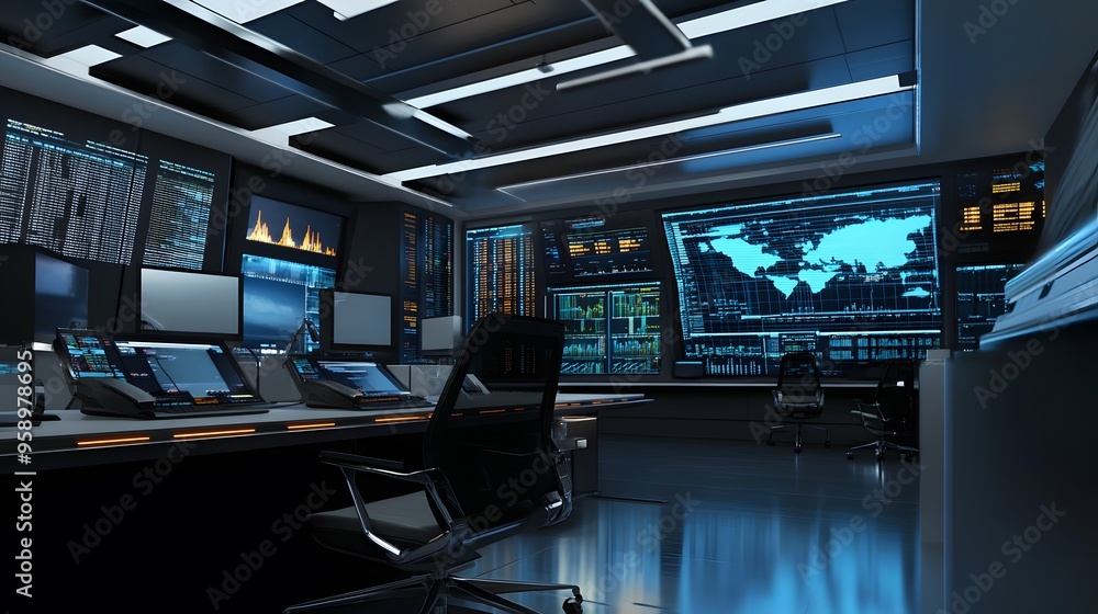 Poster a futuristic stock trading room with multiple monitors displaying data and charts.