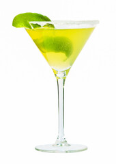 Glass of tasty chilled margarita cocktail drink garnish with green lime and salt isolated clipping path on white background