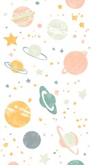 Dreamy Pastel Planets and Stars Pattern in Kawaii Style on White Background - Whimsical and Simple Design for Fun and Fantasy Concepts