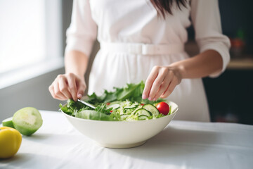 Naklejka premium Woman in a white dress preparing fresh vegetable salad with tomatoes and cucumbers in a bright kitchen. Healthy eating concept.