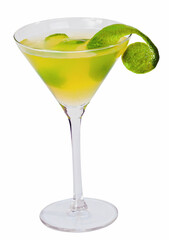 Classic Mexican summer drink, daiquiri cocktail in glass cup garnished with lime zest isolated clipping path on white background.