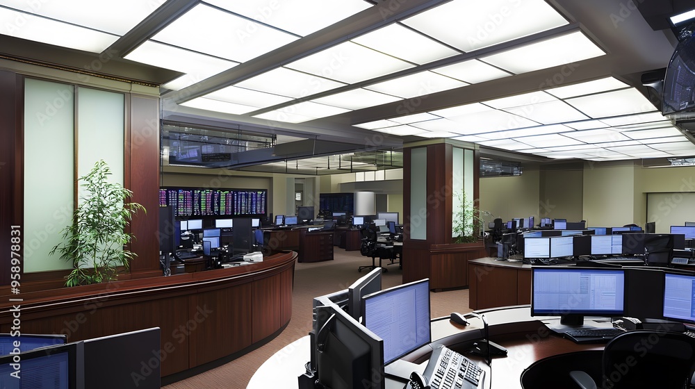 Aufkleber a modern stock trading room with multiple computer screens and desks.