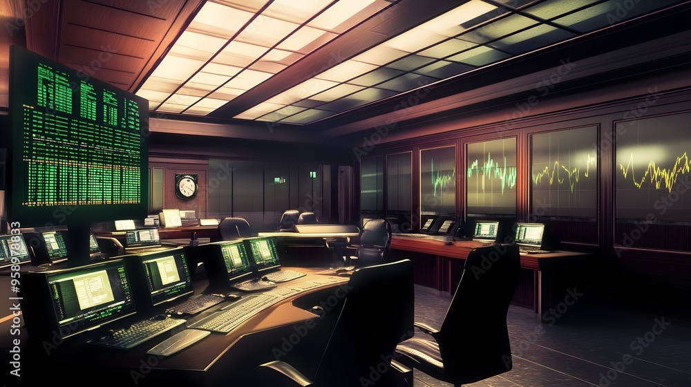 Poster a dimly lit stock trading room with multiple computer monitors displaying financial data.