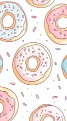 Sweet Pastel Donuts and Sprinkles Pattern in Kawaii Style on White Background for Delightful Designs and Treats