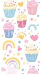 Whimsical Pastel Rainbows and Cupcakes Pattern in Kawaii Style on White Background