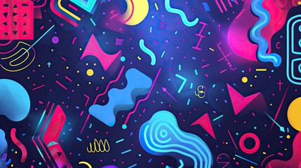 an 80s inspired poster background, featuring abstract illustrations and shapes, quirky neon artwork