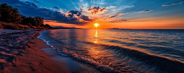 A stunning sunset over a calm sea, with vibrant colors illuminating the sky and reflecting off the gentle waves.